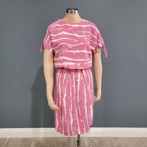 Vintage 70s O'Neil Pink Abstract Blouson Dress Tie Short Sleeves S